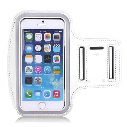 White sports armband phone bag with clear touchscreen window and padded strap