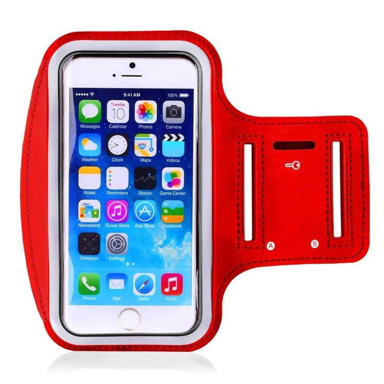 Red sports armband phone bag with clear touchscreen window and adjustable strap