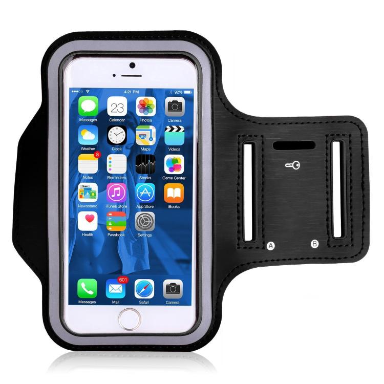 Black sports armband phone bag with clear touchscreen window and padded strap
