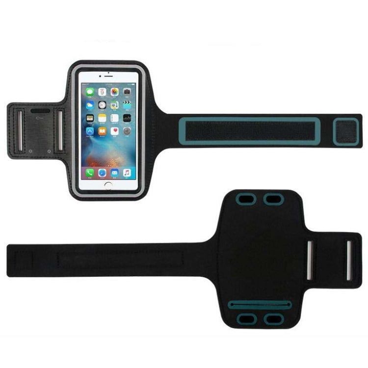 Black armband phone bag with teal accents, showing strap and phone holder cutouts
