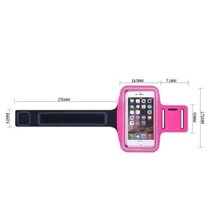 Pink sports armband phone bag shown with size measurement diagram
