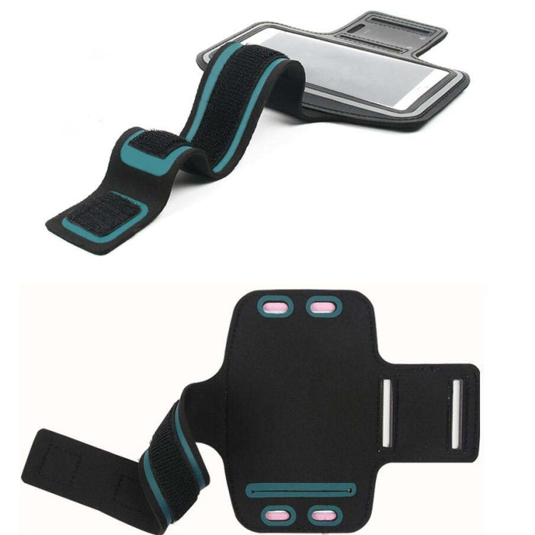 Black armband phone bag with teal trim, strap and pouch in separate views