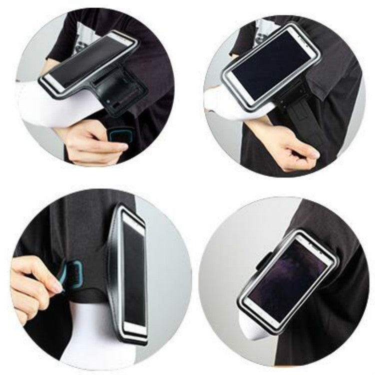 Black sports arm bag with transparent touch-screen phone window and secure strap