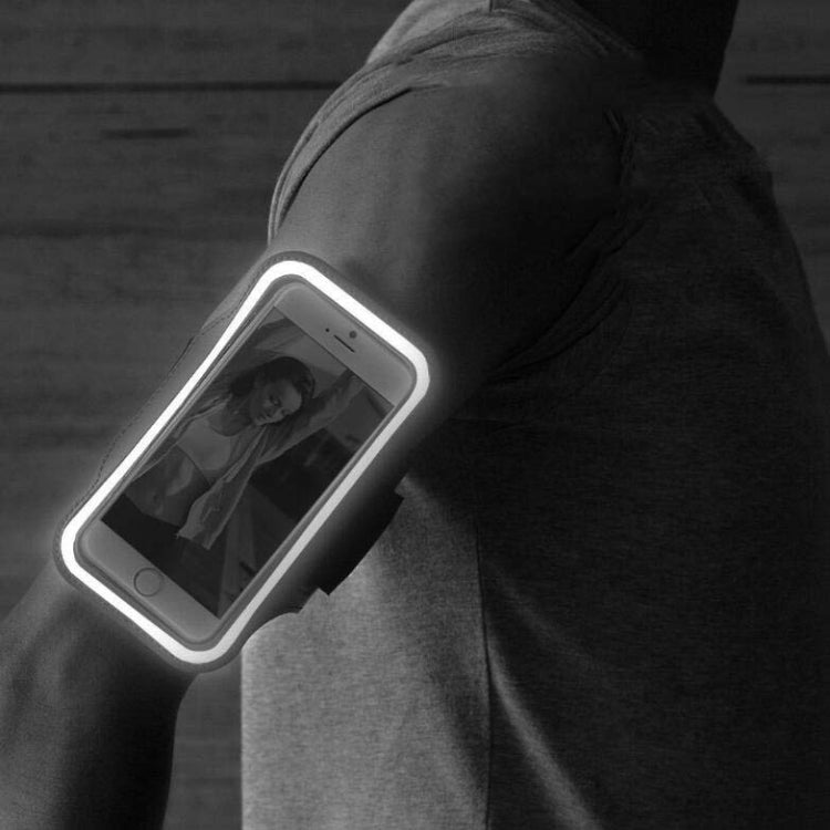 Black arm phone bag with glowing touchscreen window and adjustable armband strap