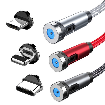 Magnetic rotating charging cable with connector heads and braided cables in red and silver