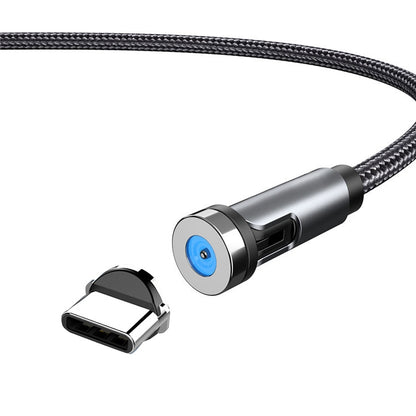 Rotating magnetic charging cable with dust plug, black braided cable with USB-C end