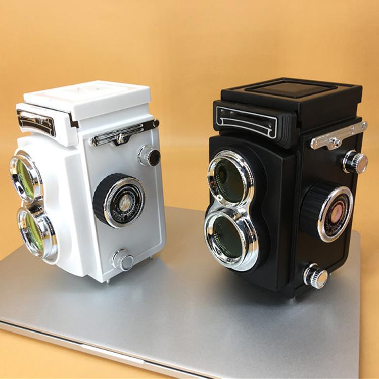 White and black retro double reflex camera props with top cases and twin lenses