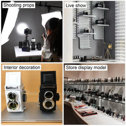 Retro double reflex camera props shown as decor and store display models