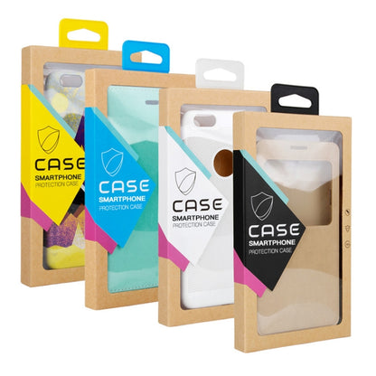 Kraft phone case packaging box set (50 pcs) featuring black, teal, white, and yellow cases