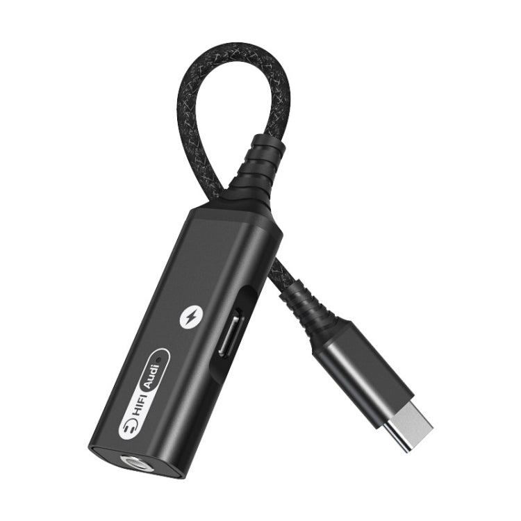 Black USB-C audio and charging adapter cable with braided strap and USB-C plug