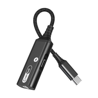 Black USB-C audio and charging adapter cable with braided strap and USB-C plug