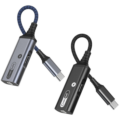Metallic and black USB-C audio charging adapter cables with braided cords and USB-C plugs