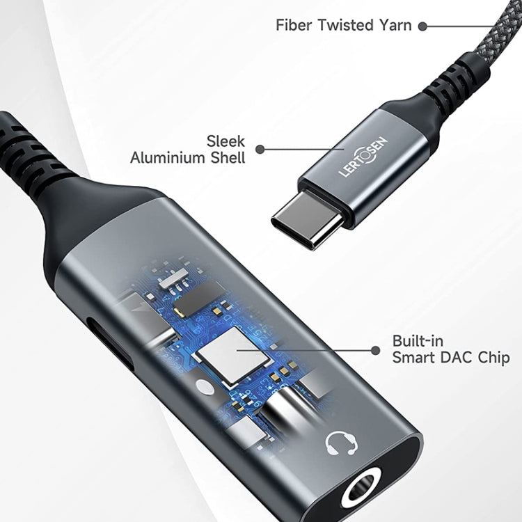 USB-C adapter cable with braided cord and aluminum housing, built-in DAC chip