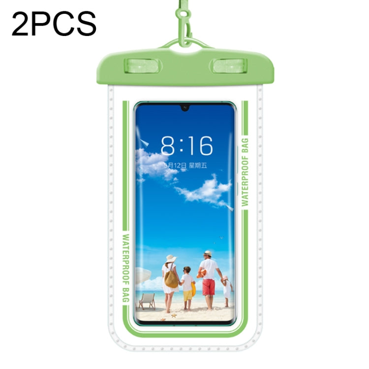 Green transparent waterproof phone case bag with hanging strap, 2-pack.