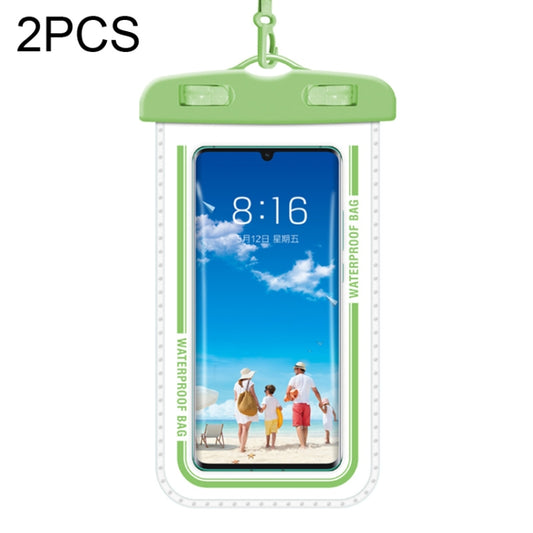 Green transparent waterproof phone case bag with hanging strap, 2-pack.