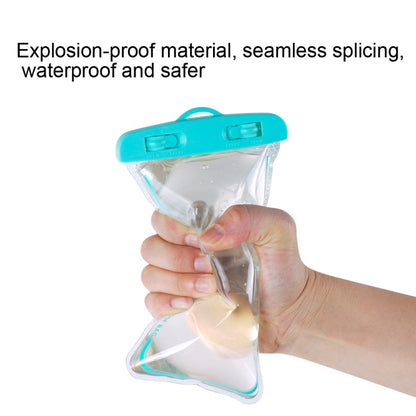 Transparent waterproof phone case bag held by hand, turquoise top, 2-pack.