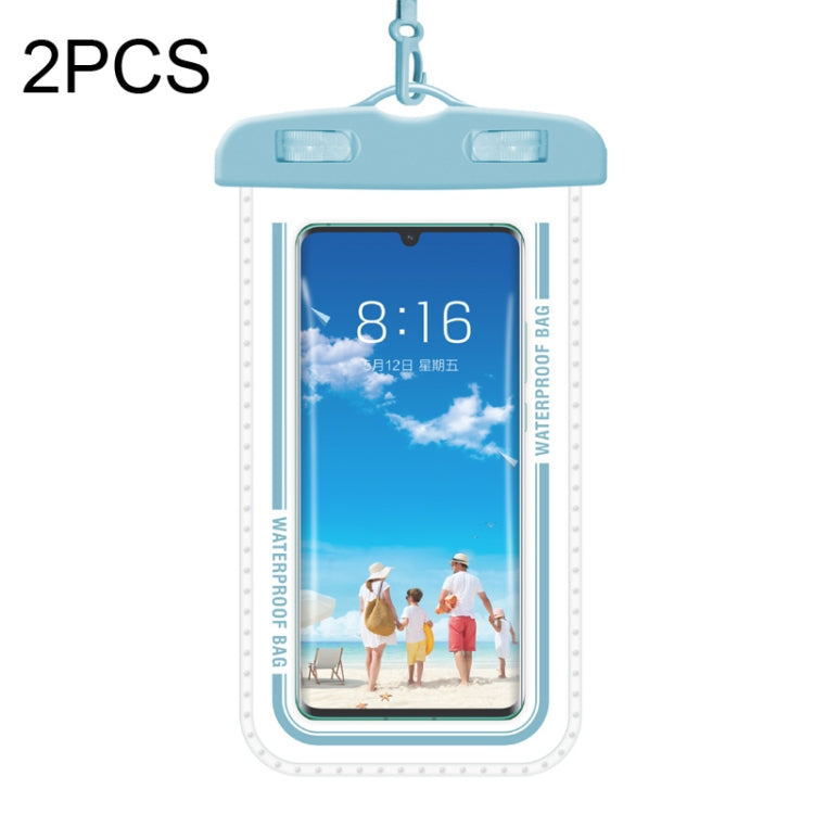 Blue transparent waterproof phone case bag with hanging strap, 2-pack.