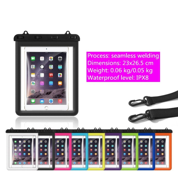 Waterproof tablet bag with clear screen window, black case, and detachable black strap