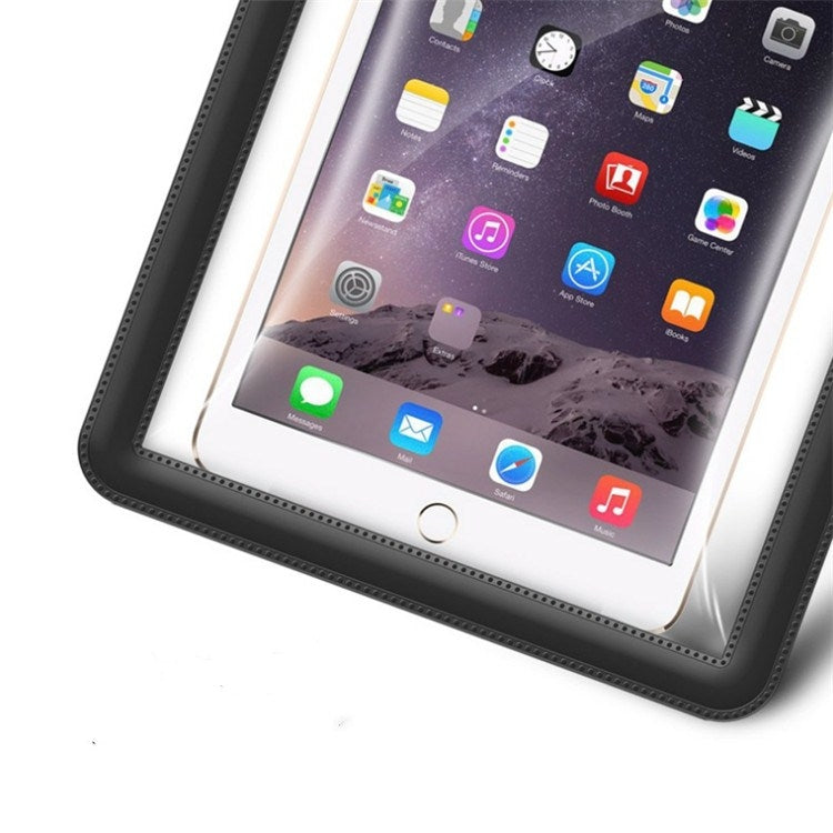Waterproof tablet bag with clear front window and black textured edge, tablet protected