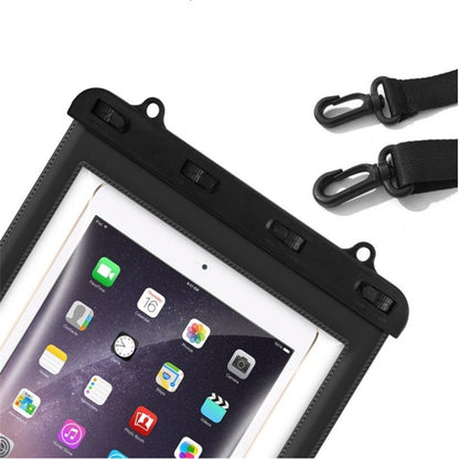 Tablet waterproof bag close-up with black frame, screen window, and side strap rings