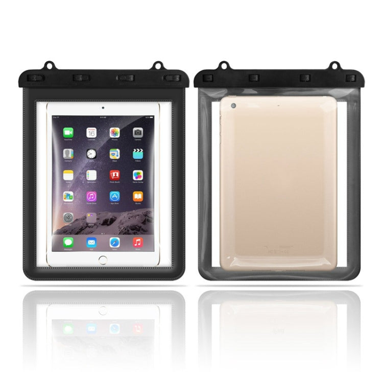 Set of 2 waterproof tablet bags with clear window and dark backing, black seals shown