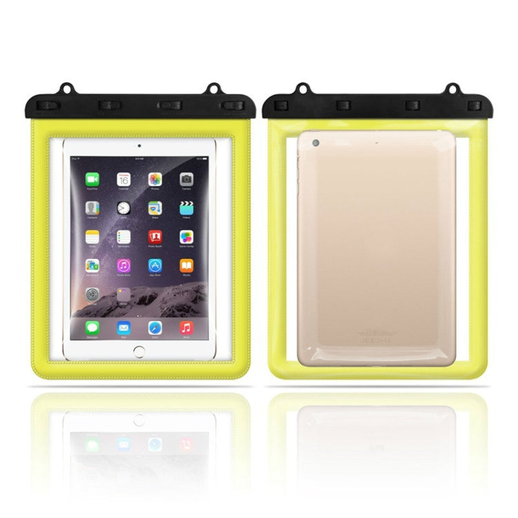 Set of 2 waterproof tablet bags with clear window and yellow frames, front and back views