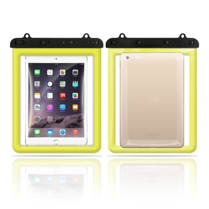 Set of 2 waterproof tablet bags with clear window and yellow frames, front and back views