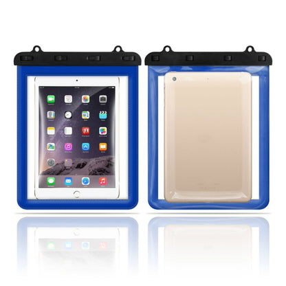 Set of 2 waterproof tablet bags with clear window and blue frames, front and back views