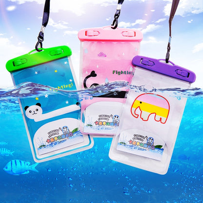 Set of clear waterproof phone pouches with animal cartoons and hanging straps