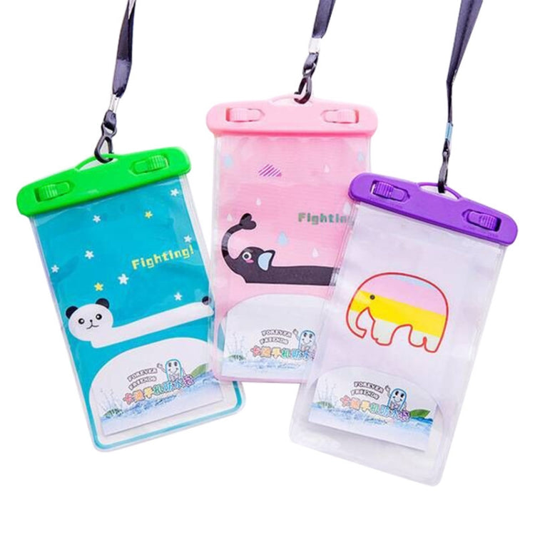 Three hanging clear waterproof phone pouches in green, pink, and purple with animal art