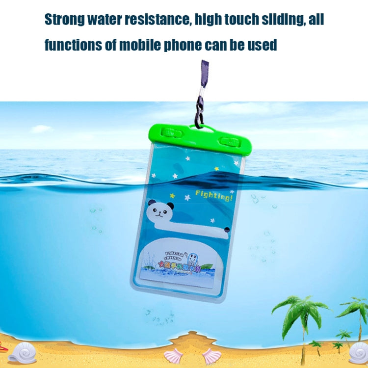 Blue clear waterproof phone pouch hanging over water with panda cartoon design