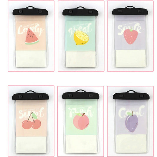 Transparent PVC waterproof phone pouch with black strap, cartoon touch-screen window