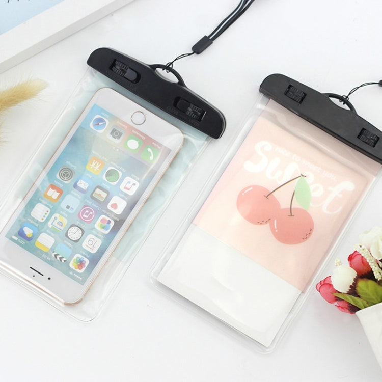 Transparent waterproof phone pouch with lanyard, phone inside, cartoon touchscreen window