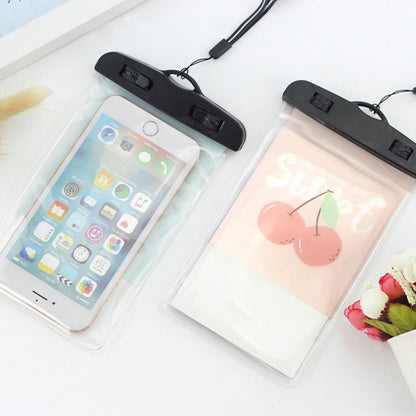 Transparent waterproof phone pouch with lanyard, phone inside, cartoon touchscreen window