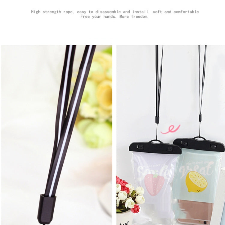 Pair of transparent waterproof phone pouches with black lanyards and cartoon touch windows