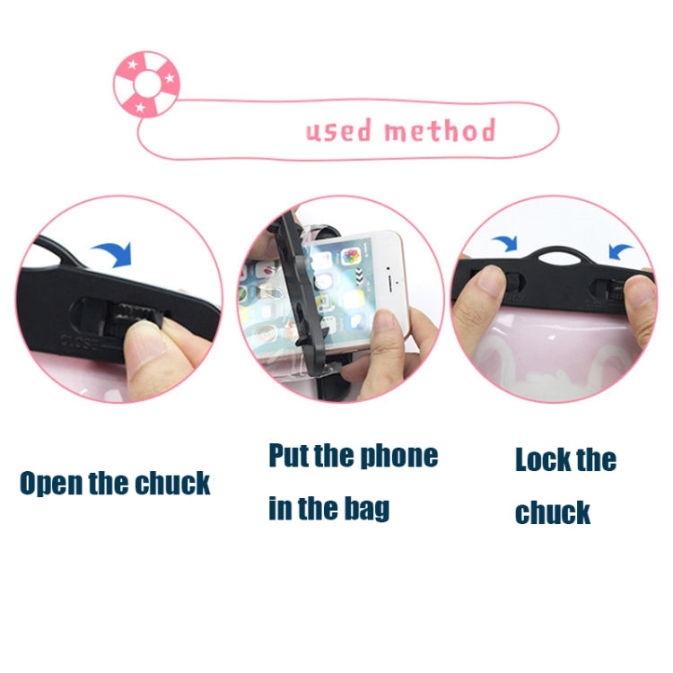 Waterproof phone pouch instructions diagram: open chuck, insert phone, lock chuck