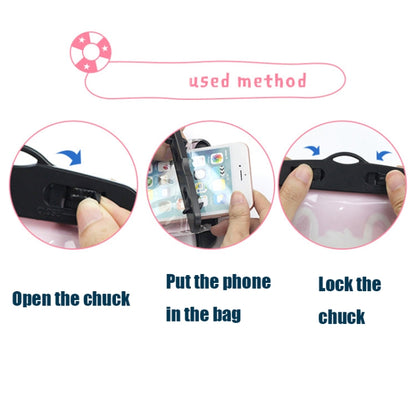 Waterproof phone pouch instructions diagram: open chuck, insert phone, lock chuck