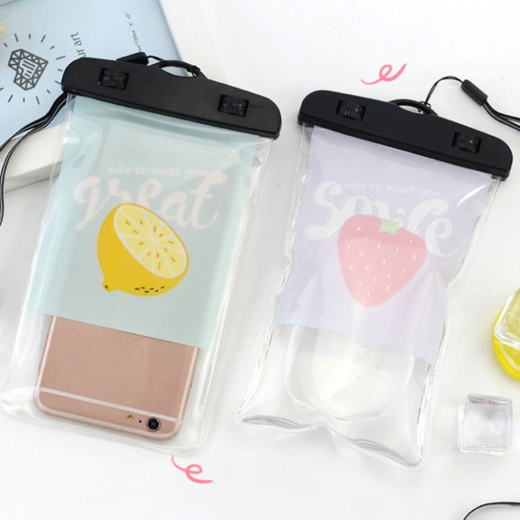 Two transparent PVC waterproof phone pouches with black tops and cartoon front panels