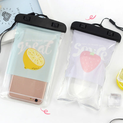 Two transparent PVC waterproof phone pouches with black tops and cartoon front panels