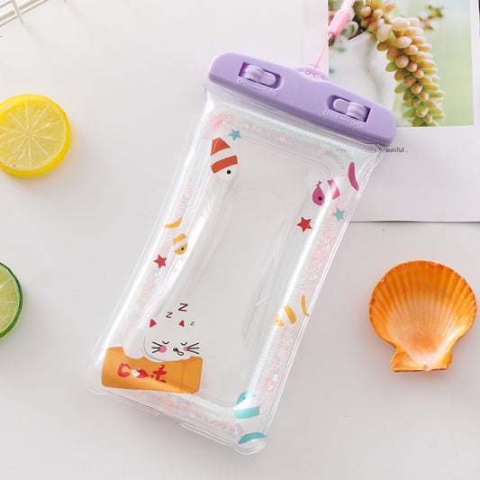 Transparent waterproof inflatable phone bag with purple top, cartoon animals, wrist strap