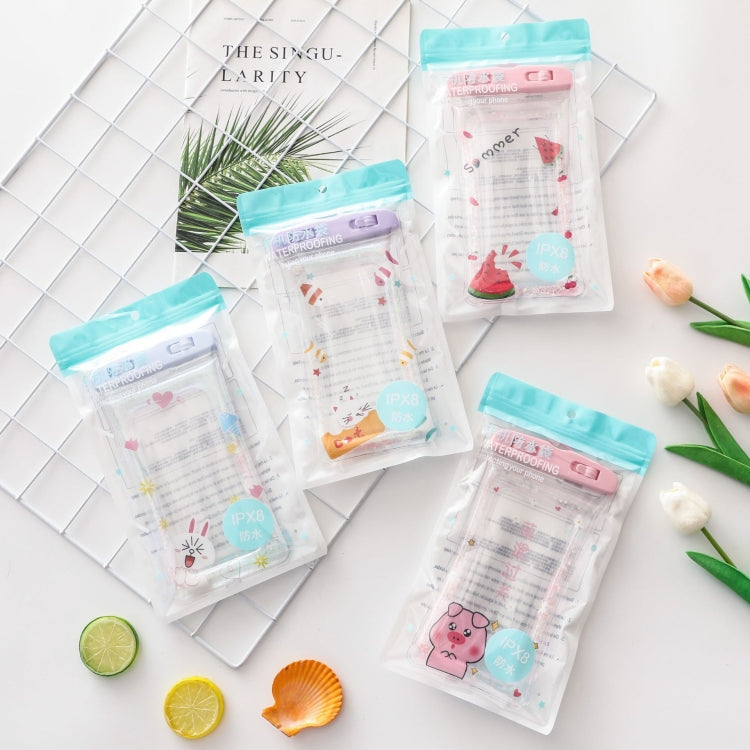 Transparent waterproof inflatable phone bag assortment with teal and pink tops, fruit and animal prints
