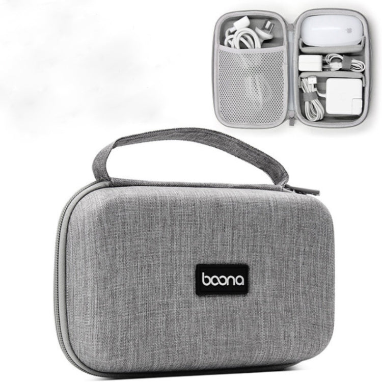 Gray portable electronic storage bag with handle, open compartments for cables and adapters