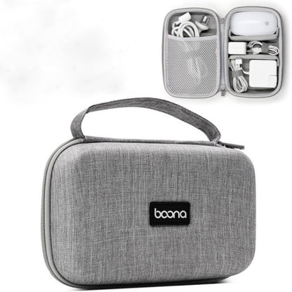 Gray portable electronic storage bag with handle, open compartments for cables and adapters