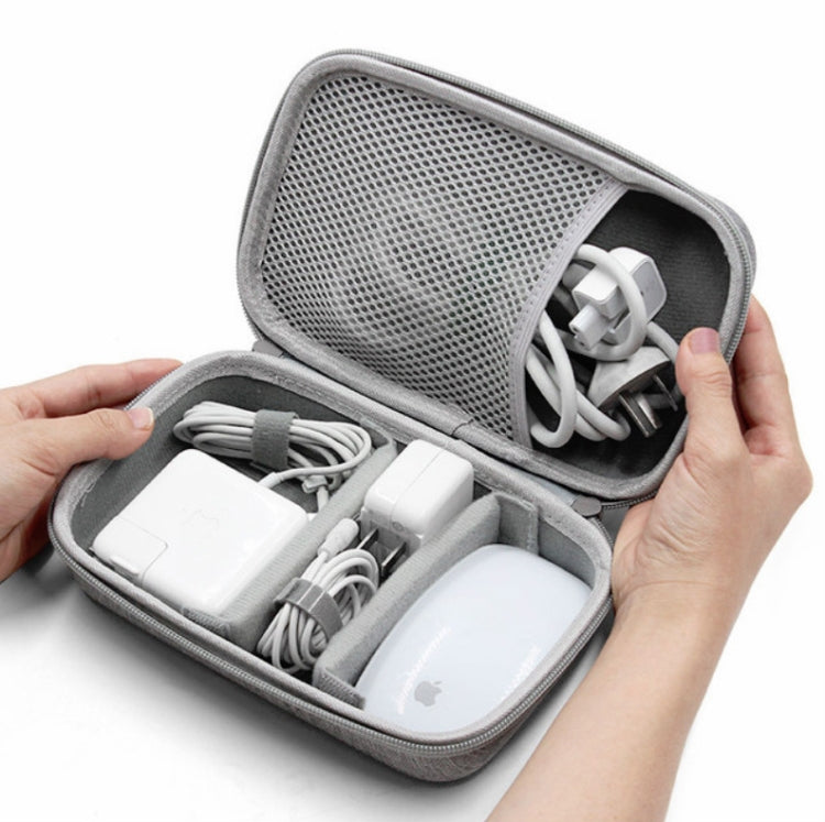 Gray cable storage bag open with mesh pocket and elastic slots for power adapter accessories