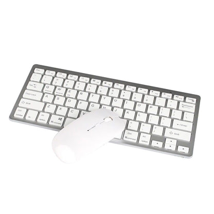 Silver mini wireless Bluetooth keyboard and mouse set, compact layout with white keycaps