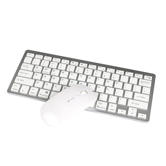 Silver mini wireless Bluetooth keyboard and mouse set, compact layout with white keycaps