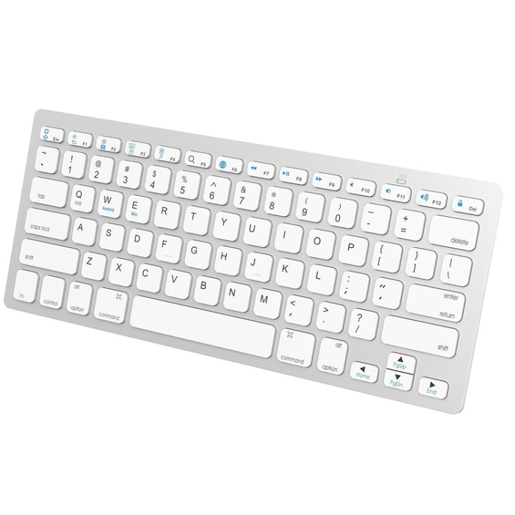 Silver mini wireless Bluetooth keyboard with full QWERTY keys and function buttons