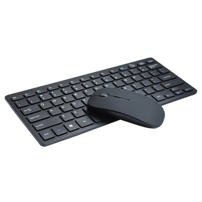 Black mini wireless Bluetooth keyboard and mouse set with QWERTY keys and dark mouse