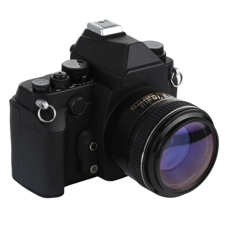 Black DSLR-style fake camera model with attached lens and top flash unit