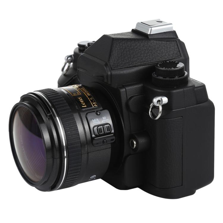Black DSLR-style fake camera model showing front lens and textured body